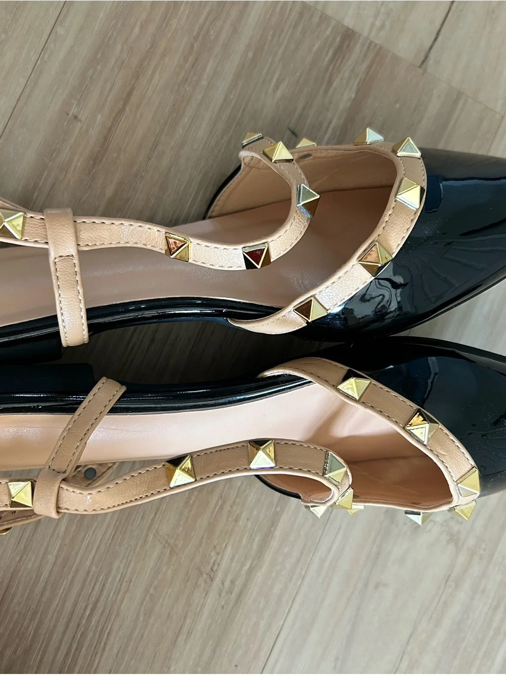 Studded Pointed-Toe Slingback Flats in Black and Nude